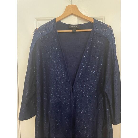 St. John Blue Knit Cardigan Coat Sequin Sparkle Size Large - Picture 6 of 8